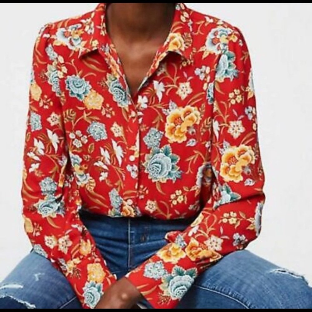 LOFT Petite Floral Vines Long Sleeve Blouse